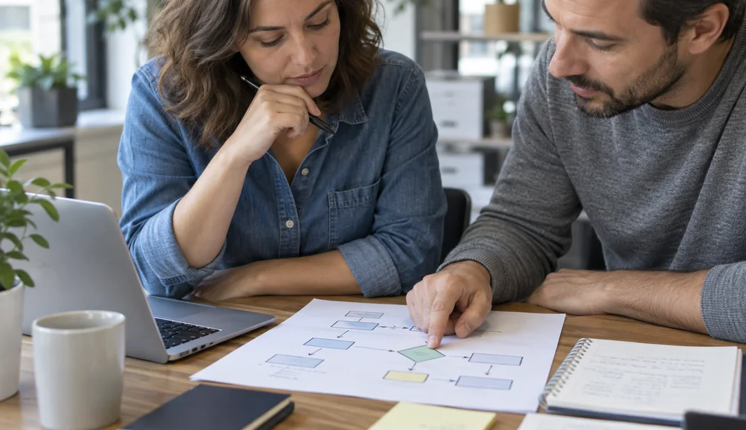 Colleagues reviewing an automation process diagram