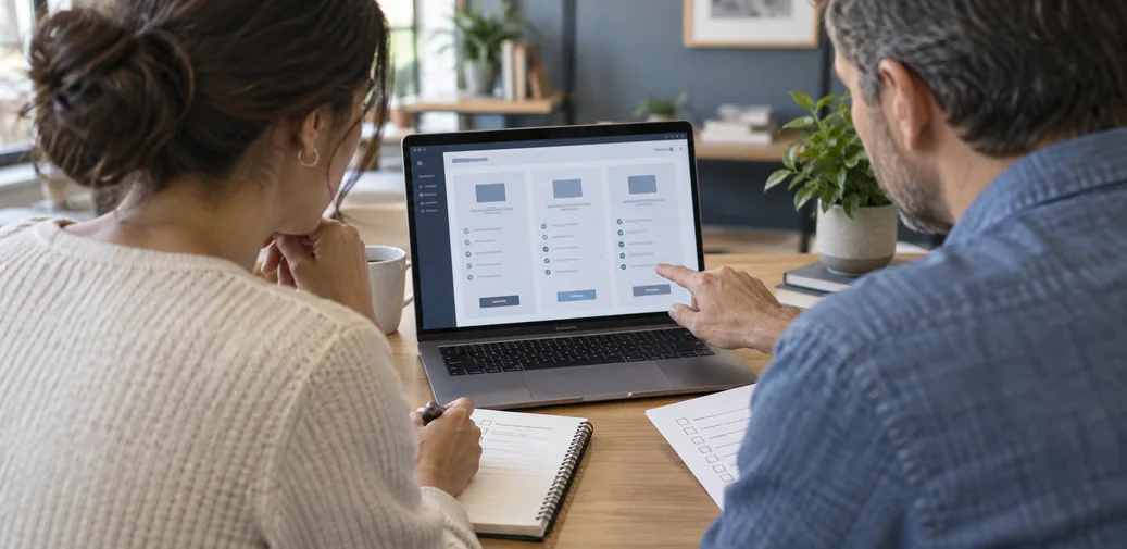Two people comparing software options on a laptop