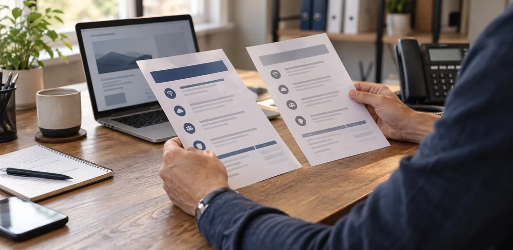 Person comparing two business Internet service options at a desk