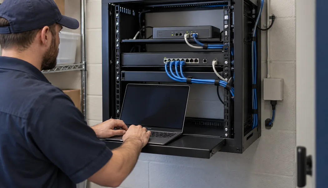 Technician reviewing a small-business communications rack